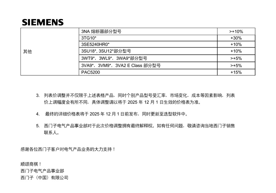 西门子电气产品事业部FY26产品列表价格调整３