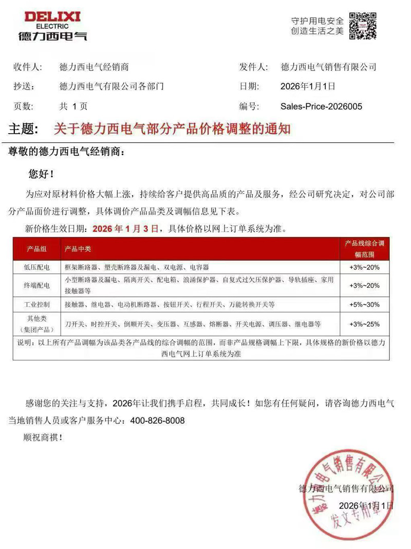 2026年关于德力西电气部分产品价格调整通知