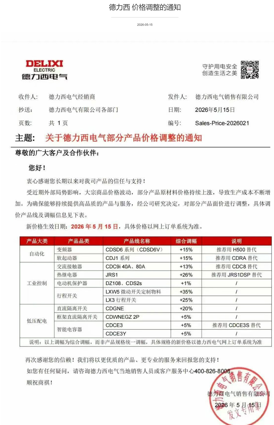 2026年德力西电气自动化等部分产品价格调整通知